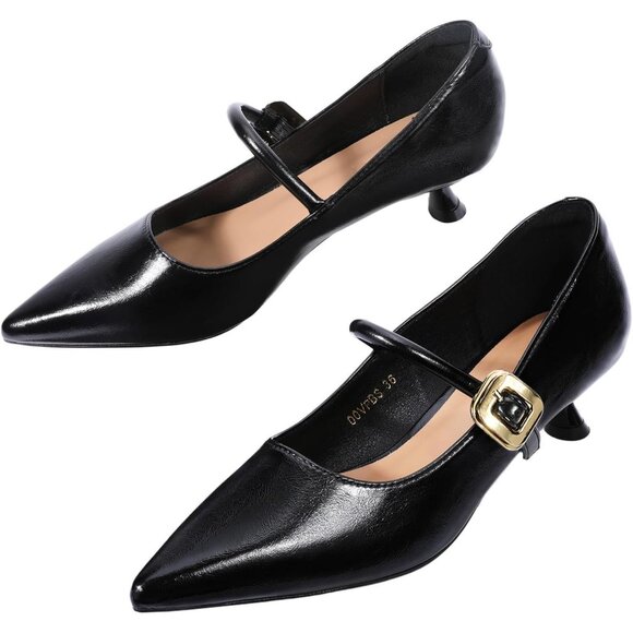 Women's Black Vintage Pointed Toe Slip On Pumps  Mary Jane Low Kitten Heel Shoes - Picture 1 of 8